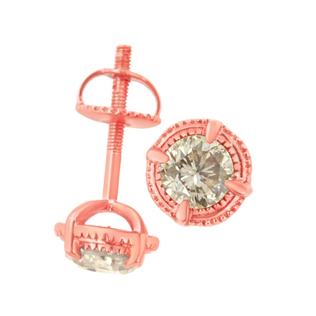 Haus of Brilliance 14K Rose Gold Plated .925 Sterling Silver 1.0 Cttw Round Brilliant Cut Diamond Solitaire Milgrain Stud Earrings (K-L Color, I2-I3 Clarity) For Sale - Image 4 of 6