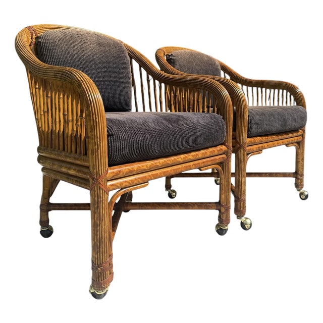 Vintage Burnt Bamboo Rattan & Cane Lounge Chairs on Casters, a Pair For Sale
