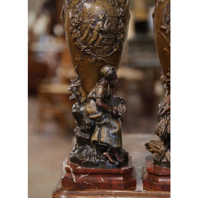 Metal Pair of 19th Century French Verdigris Spelter Harvest Vases Signed Moreau For Sale - Image 7 of 12