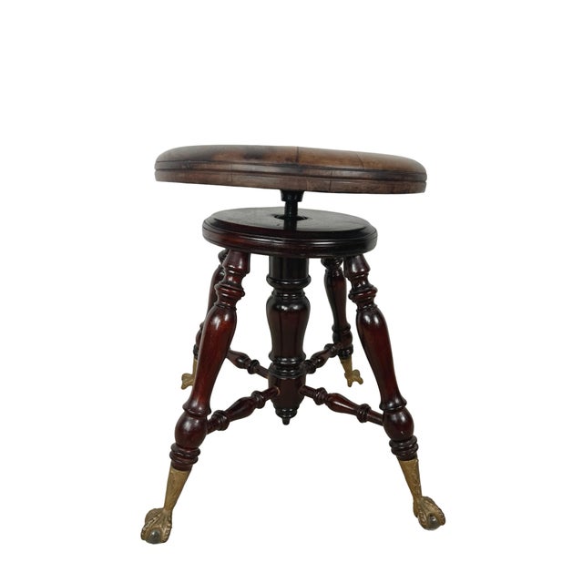 Antique Victorian Style Adjustable Piano Stool With Glass Ball-and-Claw Feet For Sale - Image 12 of 16