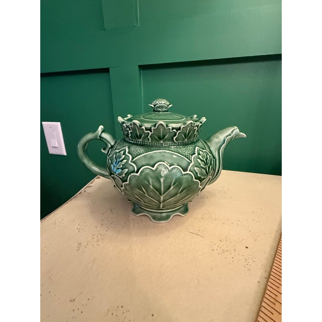 Green Vintage Majolica Green Cabbage Ware Tea Pot For Sale - Image 8 of 12