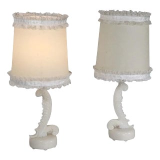 Pr. Art Deco Alacite Ivory Glass Boudoir Lamps C. 1940's For Sale