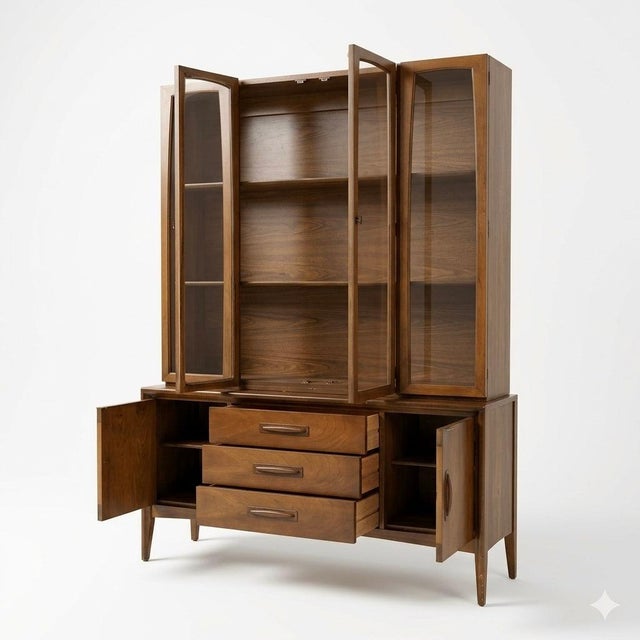 Broyhill Emphasis Vintage Mid Century Modern 2 Piece Buffet and Hutch China Cabinet C. 1960s, Attributed For Sale In New York - Image 6 of 9