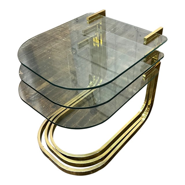 Set of 3 Mid 20th Century Brass and Glass Nesting Tables Attr. To Dia For Sale
