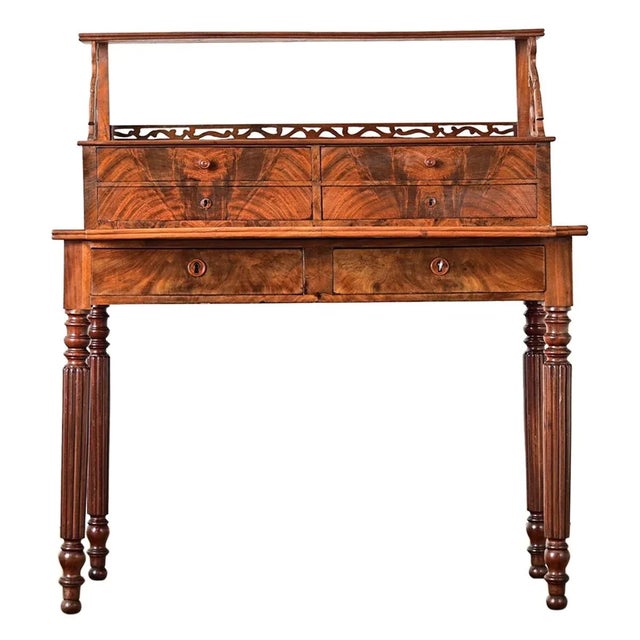 Dimensions: 43 ⅛” H x 38 ¼” W x 18 ¼” D A petite mahogany and leather-top writing desk from France, circa 1840, ready to...