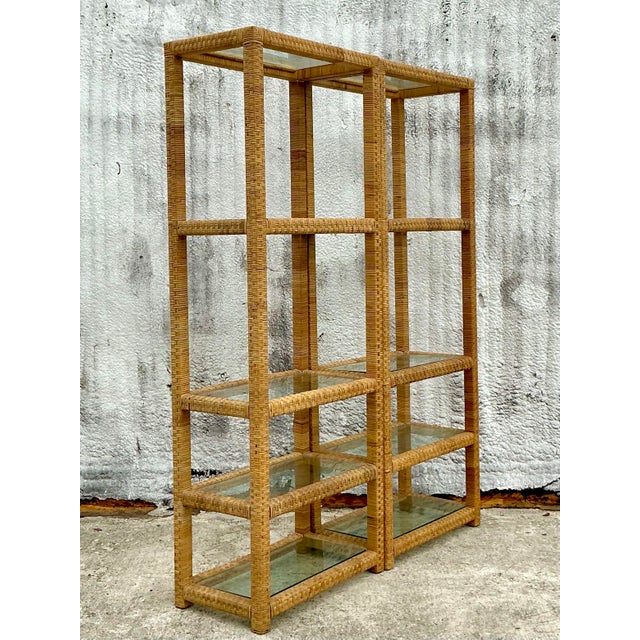 Mid-Century Modern Vintage Coastal Woven Rattan Etagere - a Pair For Sale - Image 3 of 7