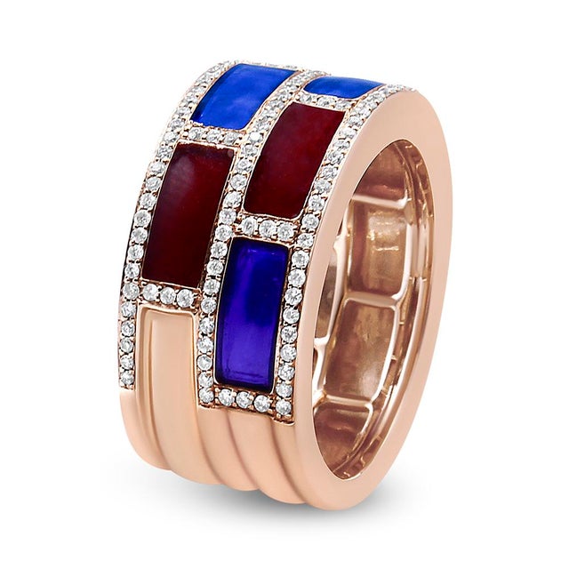 Contemporary 18K Rose Gold Alternating Red and Blue Enamel and 1/2 Cttw Diamond Studded Band Ring (F-G Color, VS1-VS2 Clarity) - Ring Size 7 For Sale - Image 3 of 5