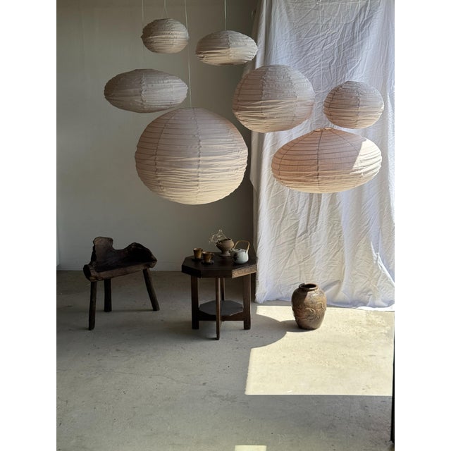 Japanese-Style Round Pink Rattan and Natural Linen Pendant Light For Sale - Image 6 of 18