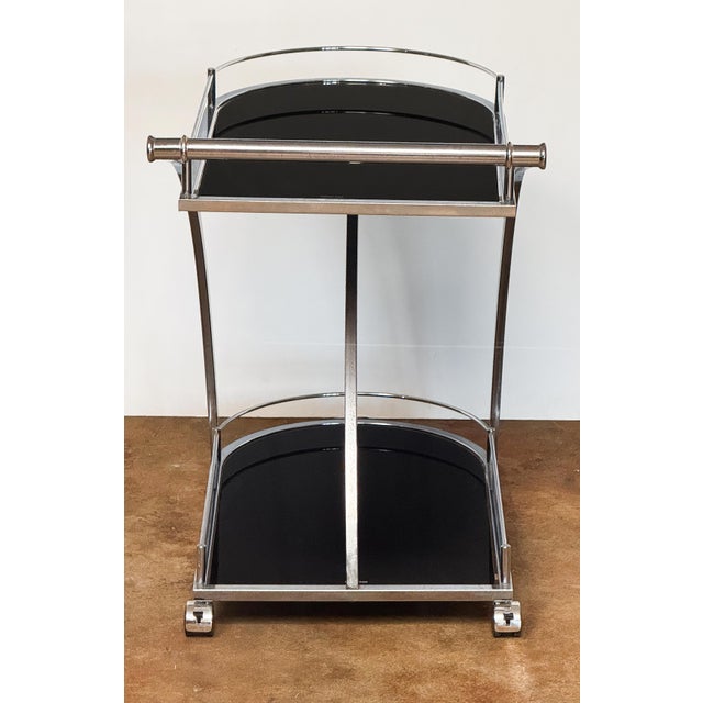 Mid 20th Century Art Deco Two-Tiered Drinks Cart of Chrome and Black Glass From England For Sale - Image 5 of 8