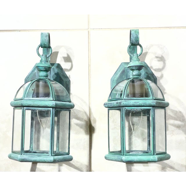 Metal Small Pair of Vintage-Style Solid Brass Wall Lanterns Sconces- 12”25 X 6” X6” For Sale - Image 7 of 11
