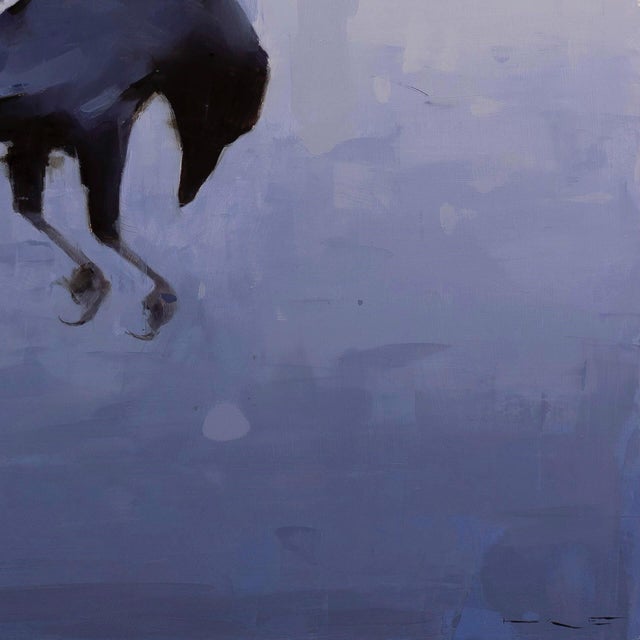 This artwork presents a striking depiction of a raven in mid-flight, rendered in bold strokes of deep blues and blacks...