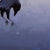 This artwork presents a striking depiction of a raven in mid-flight, rendered in bold strokes of deep blues and blacks...