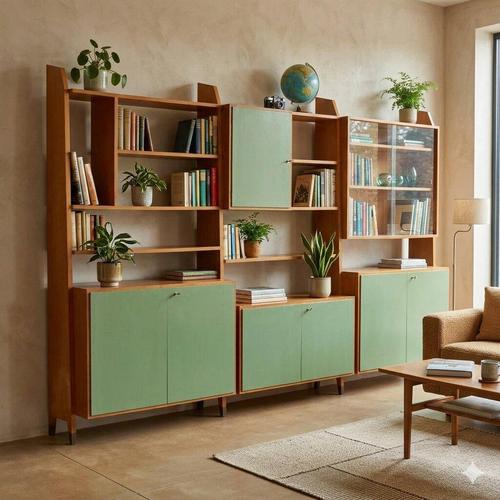 Freestanding bookcase with open shelves and storage units with lacquered wood hinged doors and clear glass sliding doors....