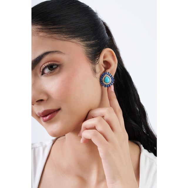 Art Deco 17ct Turquoise & Blue Sapphire Statement Earrings With Diamonds in 14k Gold- A Pair For Sale - Image 11 of 17