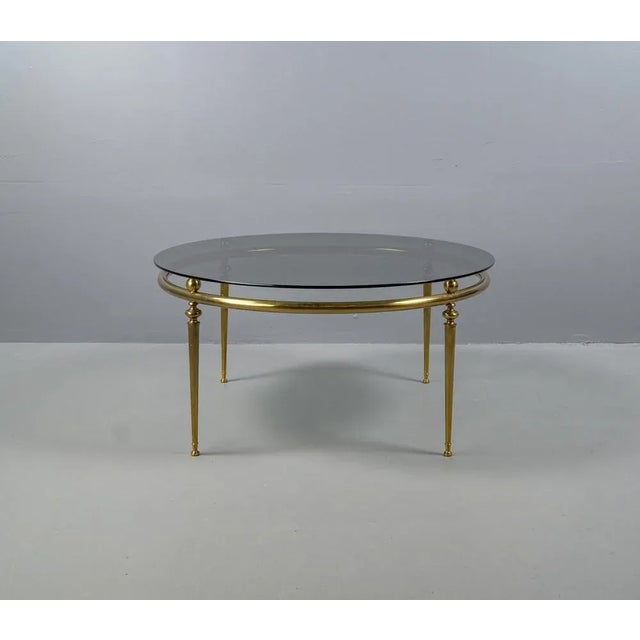 Classicist Coffee Table in Brass with Concave Fluted Legs and Smoked Glass Pane For Sale - Image 15 of 17