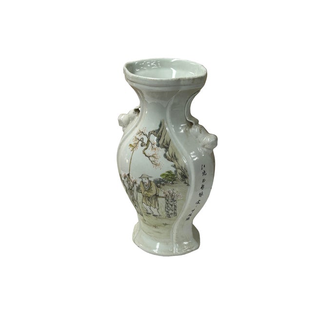 Asian Oriental Flared White People Scenery Graphic Porcelain Art Vase For Sale - Image 3 of 7