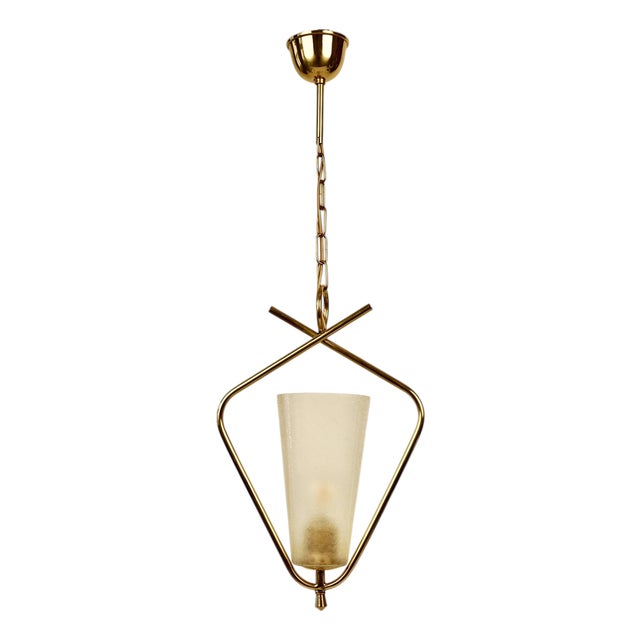 Mid-Century Brass Pendant Lamp with Textured Glass Shade by R. Nikoll, Austria, 1958 For Sale