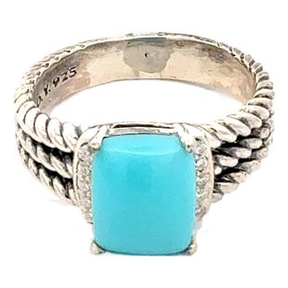 1990s David Yurman Turquoise and Diamond Ring Size 8.5 Silver Estate For Sale