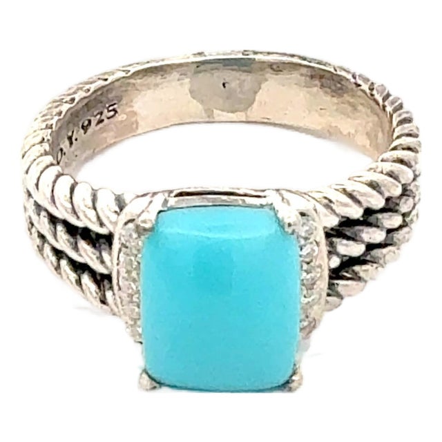 1990s David Yurman Turquoise and Diamond Ring Size 8.5 Silver Estate For Sale