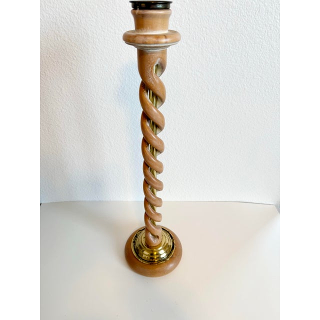 Vintage Barley Twist White Oak Wood/Brass Candle Holder Made in Spain 20” Tall For Sale - Image 9 of 10