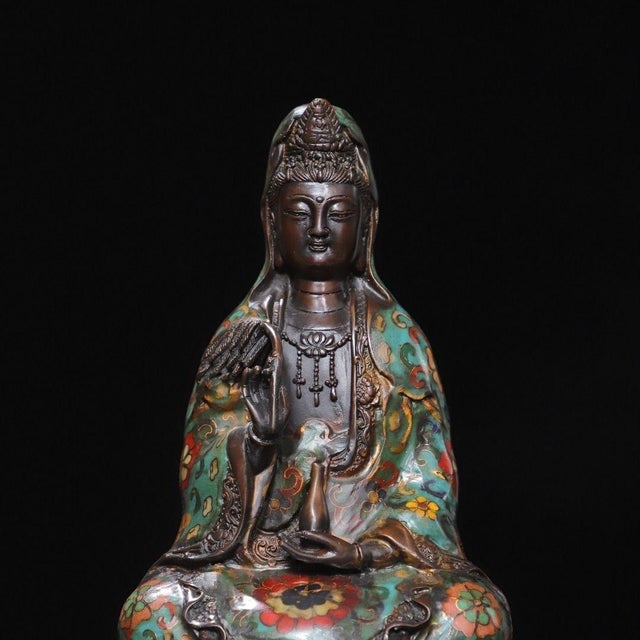 Traditional Late 20th Century Gilt Bronze Cloisonné Enamel Seated Figure of Guanyin on Lotus Base For Sale - Image 3 of 9