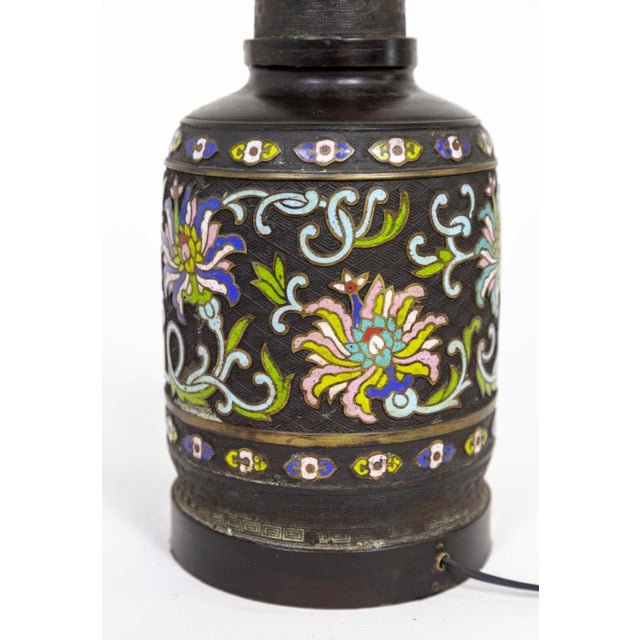 Tall Black Champleve Enamel Bronze Lamp With Polychrome Flower Design For Sale - Image 9 of 11