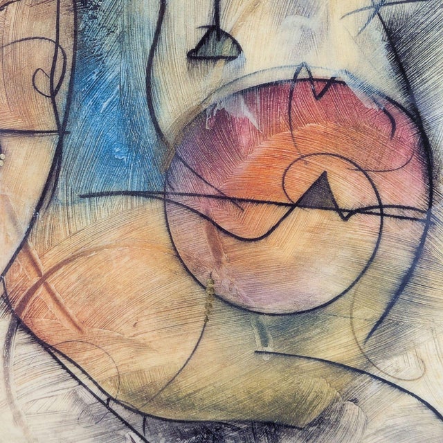 This unique artwork features an abstract composition with vibrant geometric shapes and fluid black lines. The drawing is...