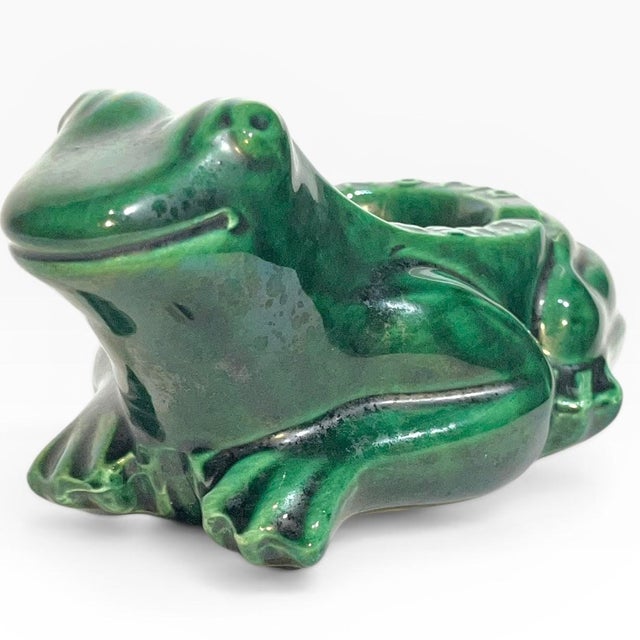 Nice larger size! Vintage mid 20th century green glazed ceramic ashtray if a frog. This frog is promoting the L’Heritier-...
