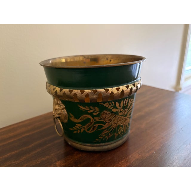 French Country French Neoclassical Tole Green & Gold Cachepot Planter Vase With Lion Heads For Sale - Image 3 of 8