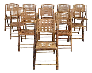 1970s Set of 11 Burnt Tiger Bamboo Folding Side, Dining Chairs Bohemian Chic