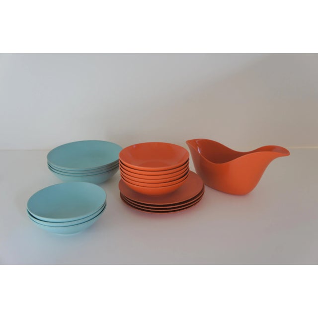 A cheerful sunset orange and baby blue set of Rayalon Inc Melamac dinnerware from the 60s. Consists of 7 blue bowls(6.25in...