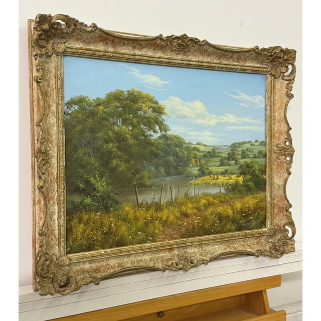 Lush Green English Countryside with Cottage & River by British Landscape Artist 1980 Circa For Sale - Image 14 of 18