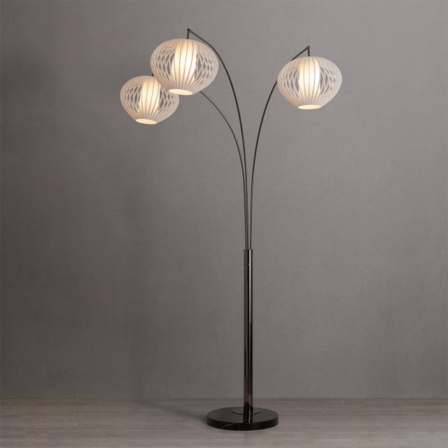 Bloom 3-Light Arc Floor Lamp - Black Nickel, Black Marble Base, White Satin Shade, Dimmer For Sale - Image 4 of 11