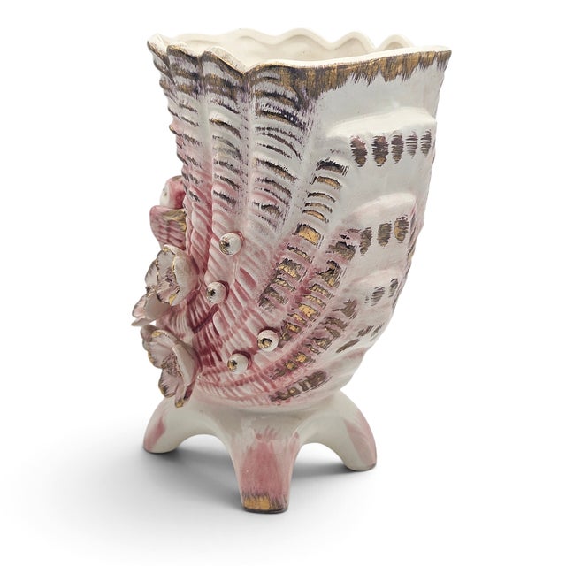 Vintage Pink Ceramic Cornucopia Vase W/ Applied Bird & Flowers For Sale In Dallas - Image 6 of 9