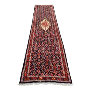 Hamedan Runner 3'7'' X 13'3'' Blue Wool Vintage Tribal Hand-Knotted Oriental Rug