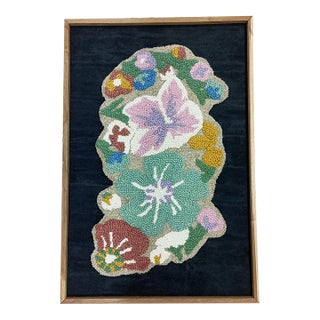 Hand-Tufted Floral Textile Wall Art in Natural Wood Frame / Size 26" X 38" For Sale