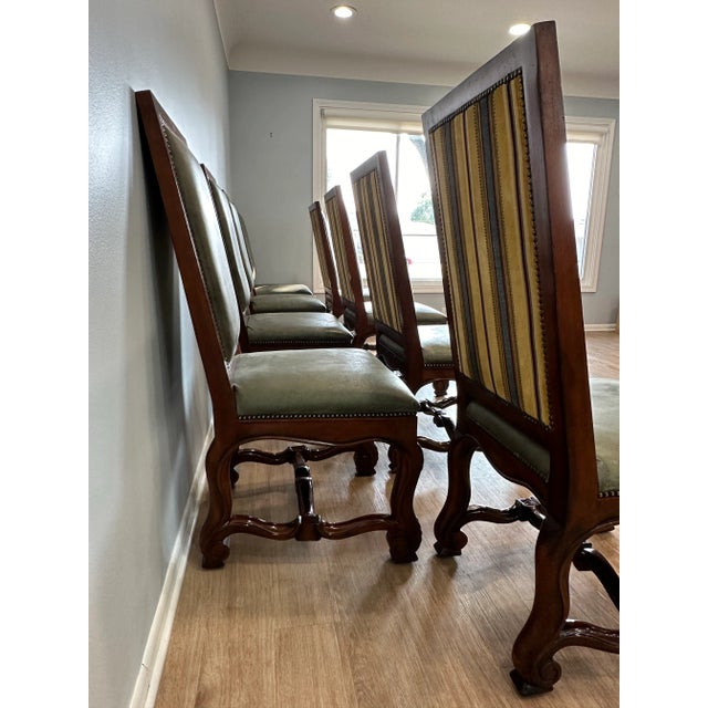 Henredon Furniture Green Leather Side Chairs With Multi