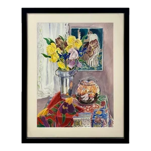 Still Life Watercolor of Irises, Mary Cassatt & Goldfish by Cathy Folk-Williams 1990's