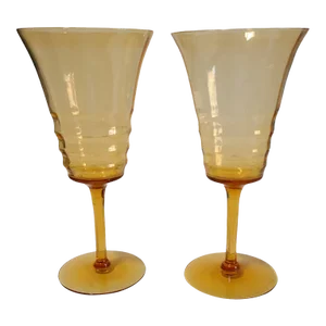 Vintage Pair of Ribbed Amber Cambridge Wine Cocktail Glasses