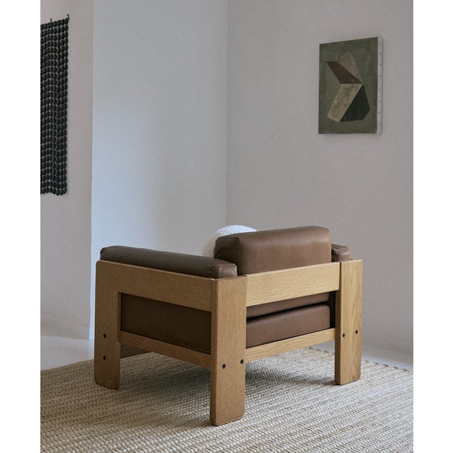 Mid 20th Century Mid 20th Century Pair of Vintage Mid-Century Modern Bastiano Armchairs Attributed to Tobia Scarpa for Knoll Blonde Oak Wood / Brown Leather For Sale - Image 5 of 14