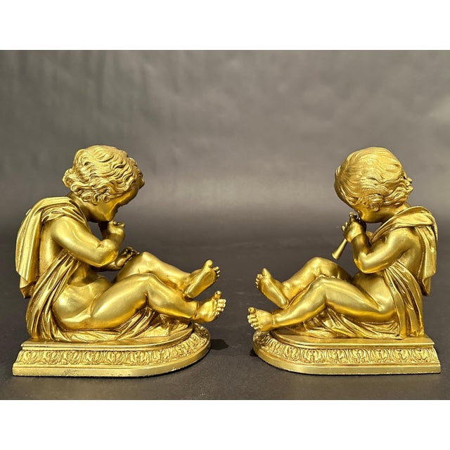 Early 20th Century Pair Of Antique Gilt Bronze Bookends Children With Musical Instruments For Sale - Image 4 of 7