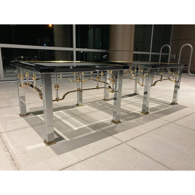 Mid-Century Modern Chrome Brass & Glass Top End Tables Manner of Mastercraft - a Pair For Sale - Image 3 of 13