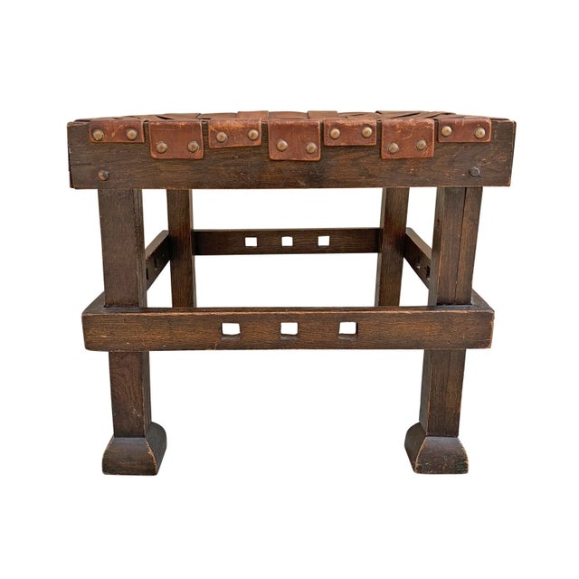 Early 20th Century Early 20th Century English Arts & Crafts Leather Top Stool For Sale - Image 5 of 13