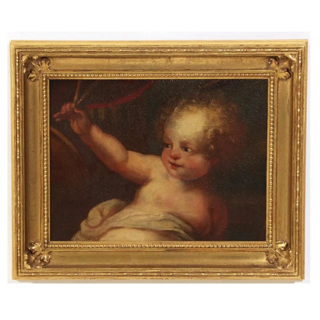 This is a charming painting of a cherub with an arm extending forward, perhaps hold out a bouquet of flowers. The painting...