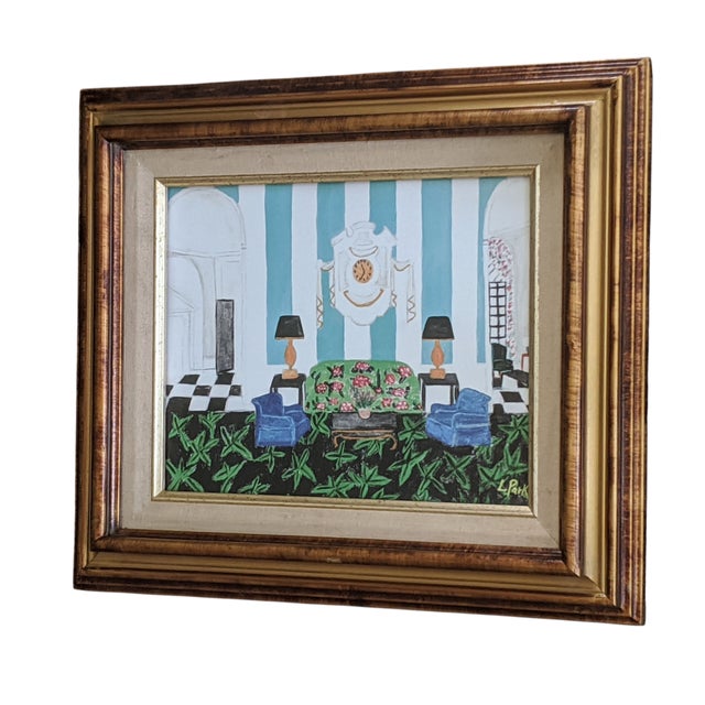 Blue Original Fauvist Greenbrier Resort Hotel "Lobby Lounge" Dorothy Draper Interior Art For Sale - Image 8 of 13