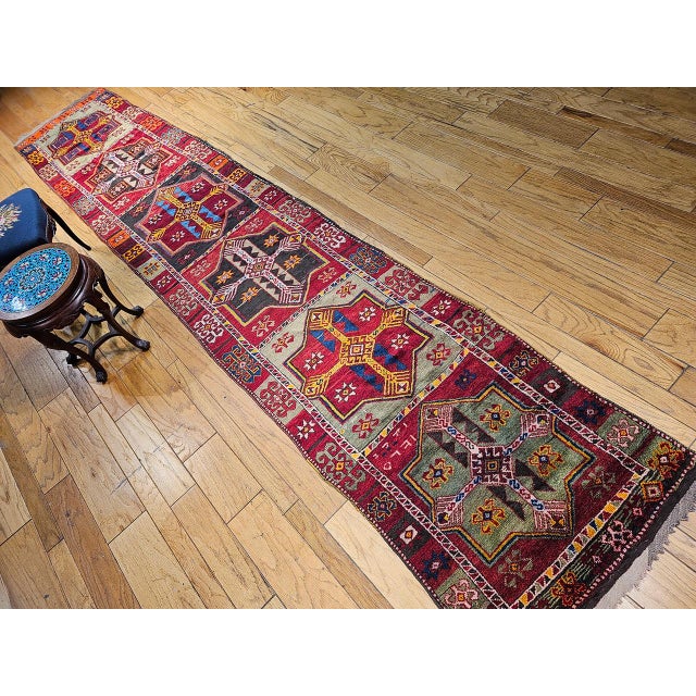 Textile Early 20th Century Turkish Oushak Runner, Hand-Knotted Wool, Geometric Pattern, 3x16 For Sale - Image 7 of 16