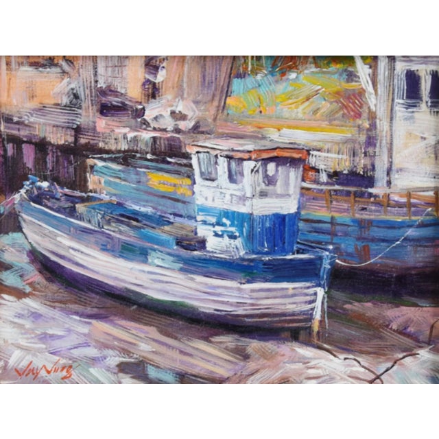 Impressionist Fishing Boats Docked at Nantucket Harbor Painting W/ Antiqued Gold Frame For Sale - Image 4 of 8