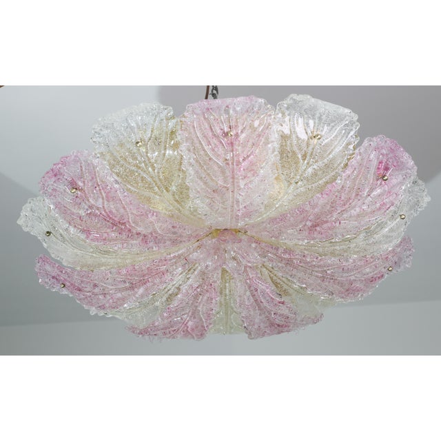 Pink 1980s Large Size Pink and Transparent Murano Glass Leave Ceiling Light or Chandelier For Sale - Image 8 of 11