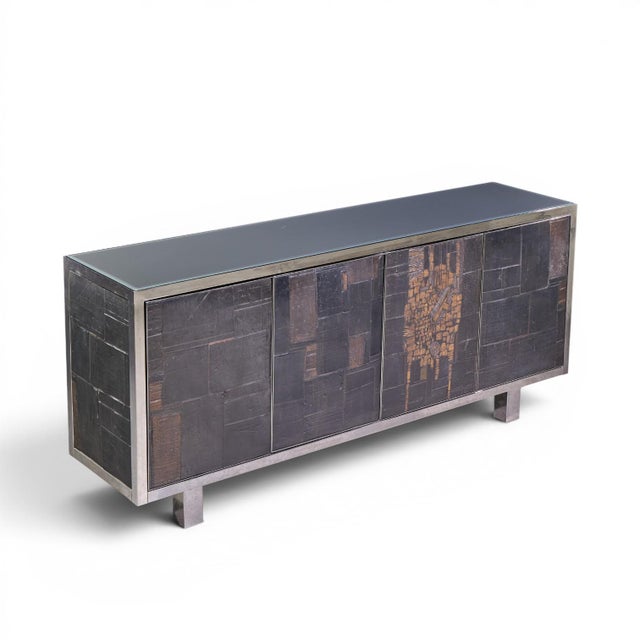 Pia Manu Brutalist Mid Century Steel, Chrome and Glass Credenza For Sale - Image 9 of 10