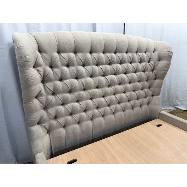 Attributed to Arhaus Tufted Wingback Upholstered Bed — King Custom Greige Upholstery | Deep Button Tufting | Fully Upholstered Frame For Sale - Image 11 of 17